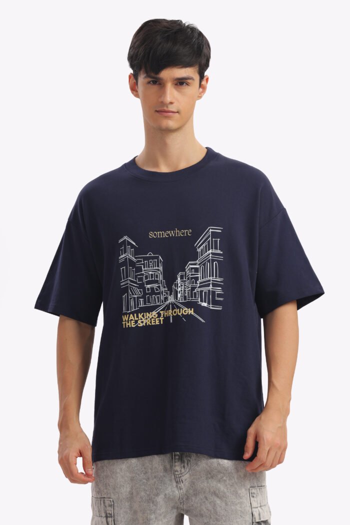 Half Sleeve 100% Cotton Terry Oversized T Shirt Navy Blue